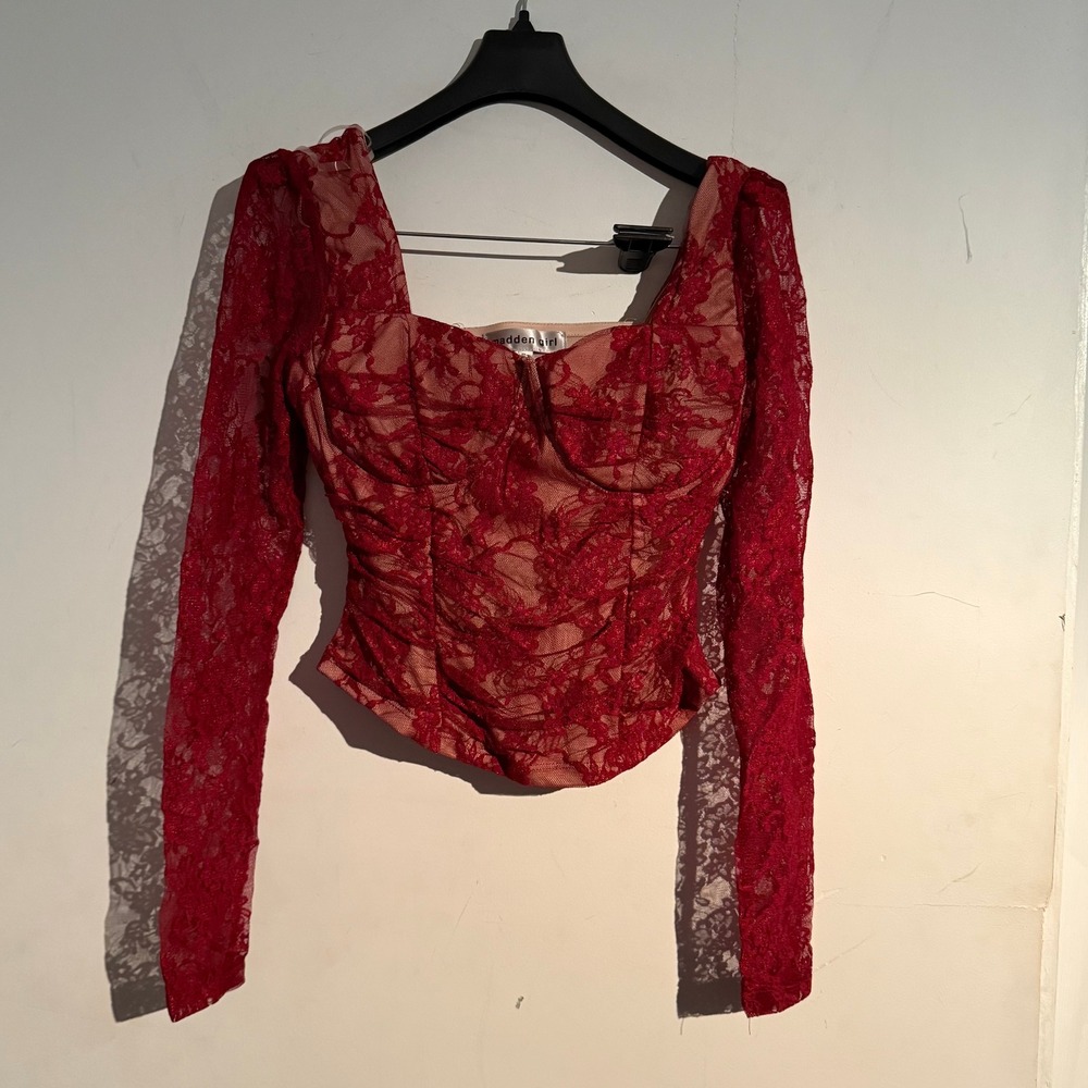 Y2K Bustier Crop Top Red Lace Overlay Small Grunge Whimsigoth Romantic